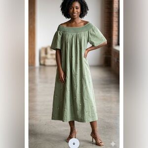 Old Navy Olive Green Smocked Yoke Floral-Embroidered Dress
